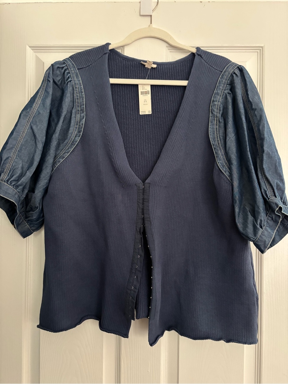 Pilcro by Anthropologie Navy Puff Sleeve V-Neck Knit Top